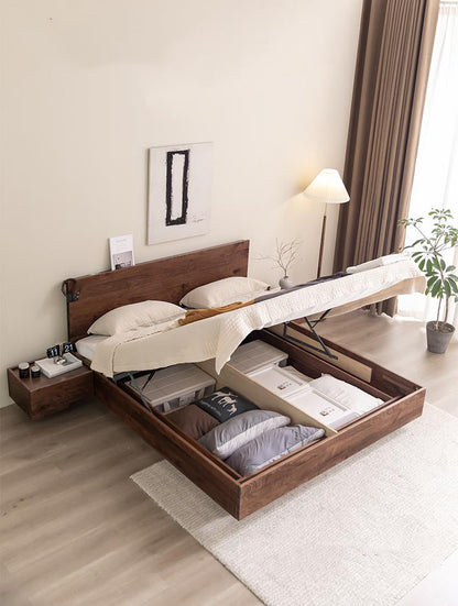 Mazonvintage-Modern Walnut Wood Platform Bed with Storage
