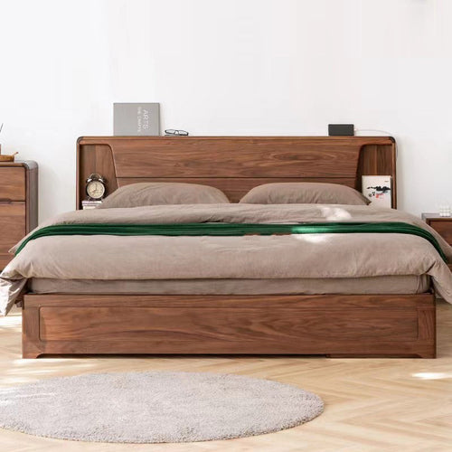 Mazonvintage-72" x 84" Solid Black Walnut Wood Hydraulic Bed with Storage