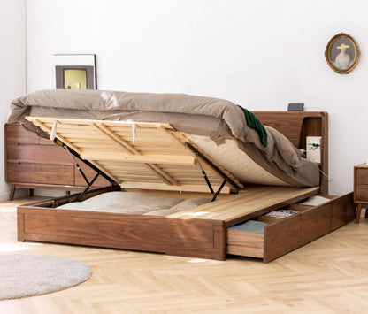 Mazonvintage-72" x 84" Solid Black Walnut Wood Hydraulic Bed with Storage